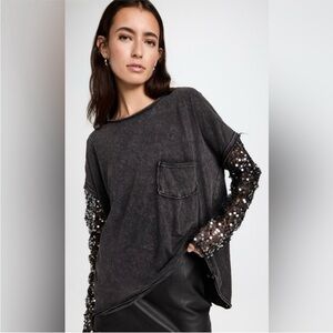 Free People Celine Tee Black Sequins Sleeves Medium Whimsigoth